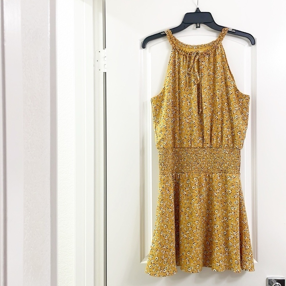 Miami golden floral print ruched mini dress